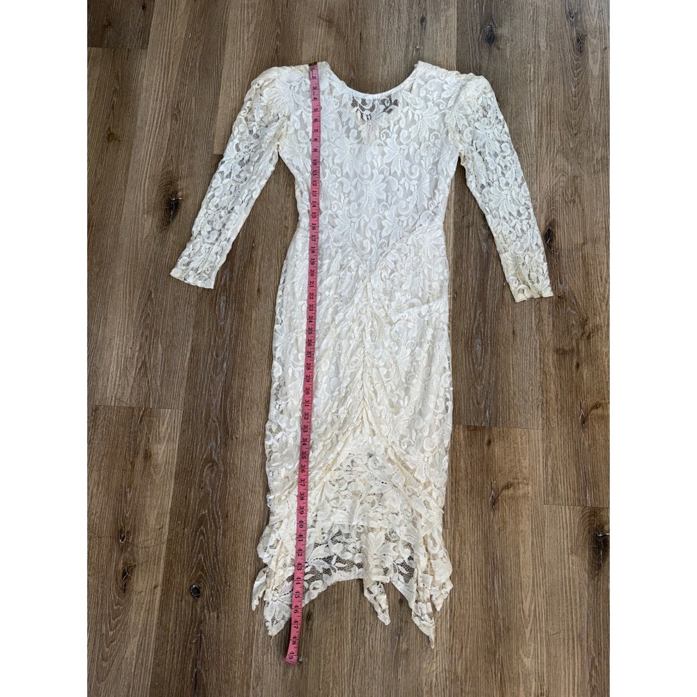 Whimsigoth Boho Floral Lace Handkerchief Hem Midi Dress Womens S Cream Vintage - Picture 6 of 9
